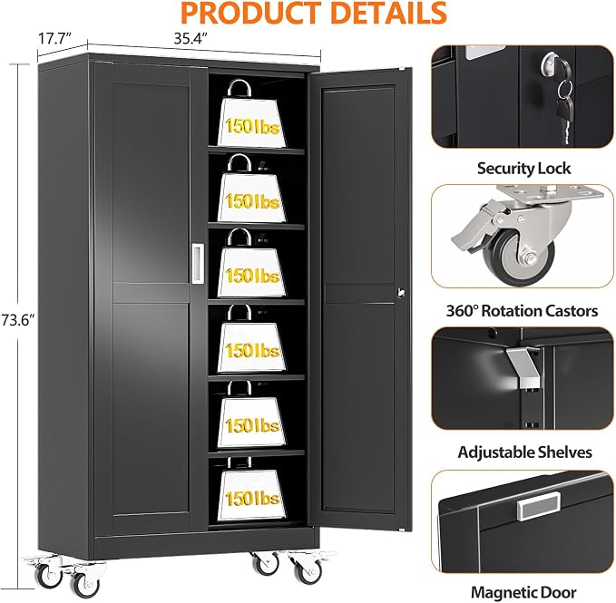 pozdeg 73.6" Metal Garage Storage Cabinets with Wheels, Lockable Rolling File Cabinets with 2 Doors and 5 Adjustable Shelves, Steel Tool Organizer Locker for Office Home Garage Gym School, Black