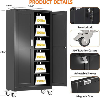 pozdeg 73.6" Metal Garage Storage Cabinets with Wheels, Lockable Rolling File Cabinets with 2 Doors and 5 Adjustable Shelves, Steel Tool Organizer Locker for Office Home Garage Gym School, Black