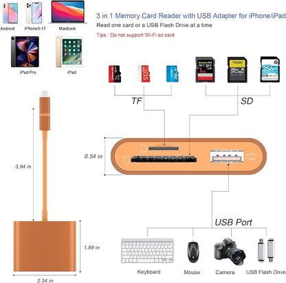 SD Card Reader for iPhone, Memory Card Reader with USB-C to Light-ning Adapter Plug and Play Trail Game Camera Micro SD Card Viewer Support SD/TF Card and USB for iPad No App Required (Terracotta)