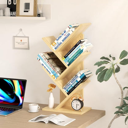 SHEEPAM 5 Tier Tree Book Shelf, Small Desktop Bookshelf with Storage Organizer, Wood Bookcase, Desk Display Bookshelves, Floor Standing Organizer Bookcases for Living Room,Bedroom,Office-Natural