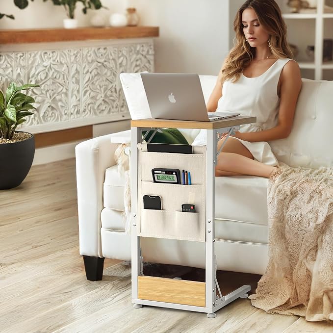 Folding TV Tray Table, Small Folding Side Table with Storage Bag, Portable C Shaped End Table for Couch Sofa Bed, Light Walnut