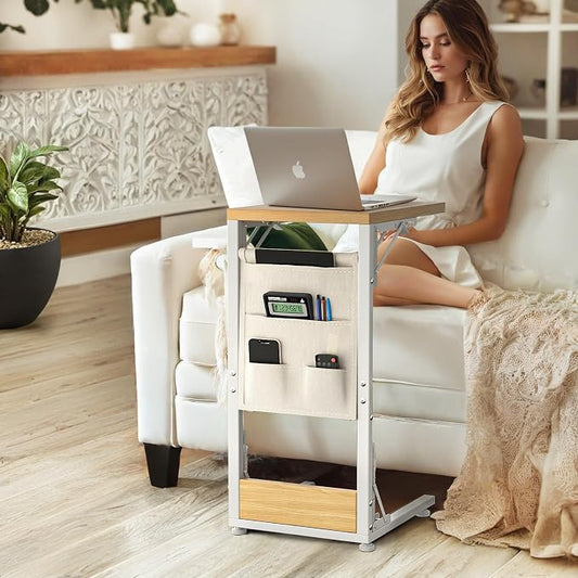 Folding TV Tray Table, Small Folding Side Table with Storage Bag, Portable C Shaped End Table for Couch Sofa Bed, Light Walnut