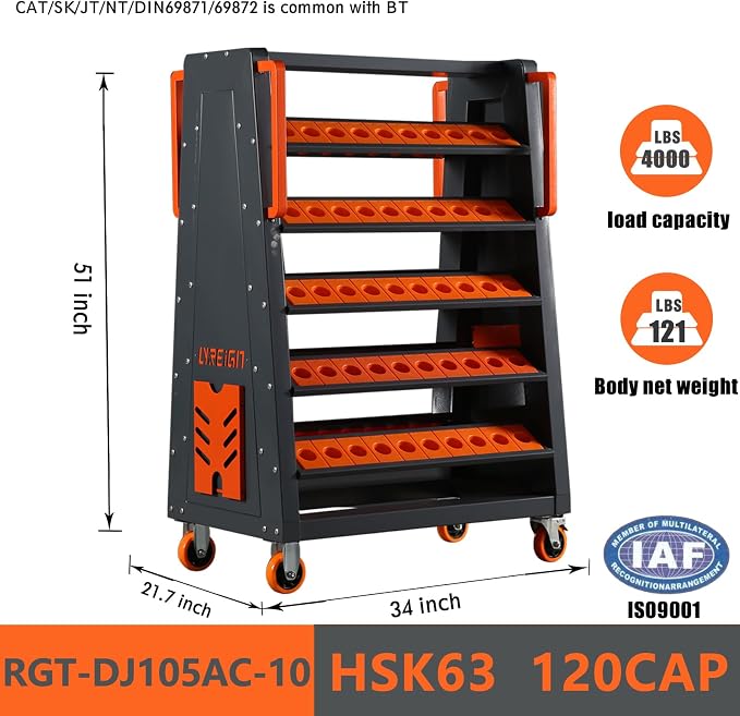 HSK63 CNC Tool Cart-100 Cap, 5-Tier CNC Rolling Carts with Wheels，40 Taper Tool Holder, CNC Mobile Tool Holder, CNC Tool Organizer, CAT 40 Tool Holder Set for StorehouseFactory Garage