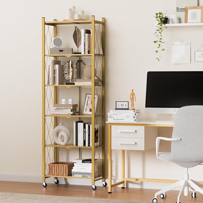 ALANNG 73.6 Inch Folding Bookshelf, 6 Tier Metal Bookcase and Bookshelves, Tall Shelves for Living Room Office Bedroom, Heavy Duty Book Shelve Free Standing Open (Gold, 4PACK)