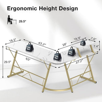 Mr IRONSTONE 63" L Shaped Gaming Desk, Corner Computer Desk, Home Office Writing Desk with Sturdy Monitor Shelf, Spacious L Shaped Desk Workstation, Easy to Assemble, Laminate Marble