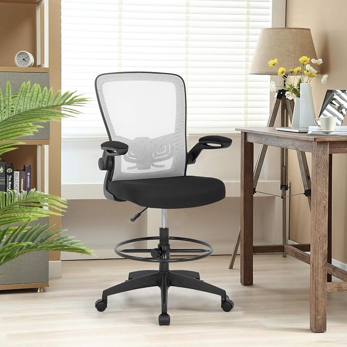 BestOffice Drafting Chair Tall Office Chair Adjustable Height with Lumbar Support Arms Footrest Mid Back Standing Desk Chair with Swivel Rolling Mesh Stool White