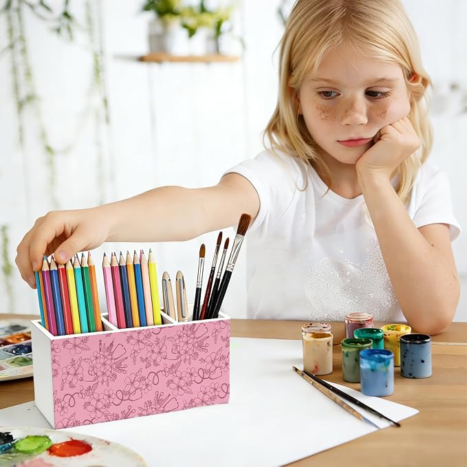 Pink Floral Nurse Pen Pencil Holder for Desk, Nurse Appreciation Gifts, Nursing Week Gifts for Women, Nursing Wooden Box Sign Decorations for Home Office Workplace Desk Tabletop