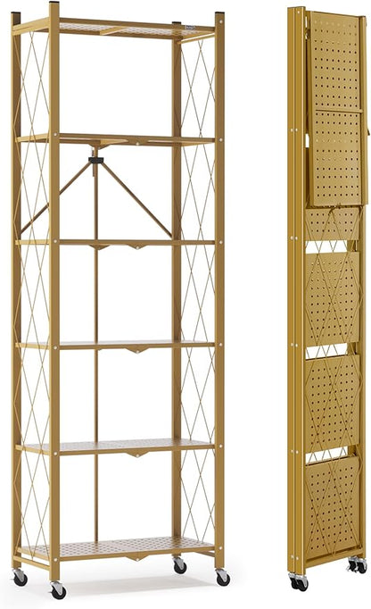 ALANNG 73.6 Inch Folding Bookshelf, 6 Tier Metal Bookcase and Bookshelves, Tall Shelves for Living Room Office Bedroom, Heavy Duty Book Shelve Free Standing Open (Gold, 1PACK)