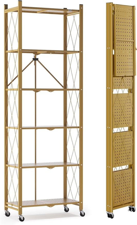 ALANNG 73.6 Inch Folding Bookshelf, 6 Tier Metal Bookcase and Bookshelves, Tall Shelves for Living Room Office Bedroom, Heavy Duty Book Shelve Free Standing Open (Gold, 1PACK)