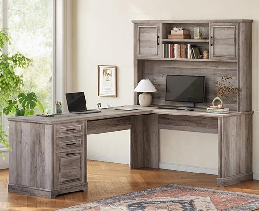 Itaar Farmhouse 68.9" L Shaped Desk with Hutch, Executive Home Office Desk with File Drawer and Power Outlet, Computer Corner Desk with Storage Cabinet, Workstation for Office Home,Grey