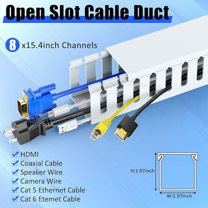 Open Slot Wiring Raceway Cable Duct, 123in Cable Management Channel Cord Track,Desk Wire Channel, Under Desk Cable Management to Hide Cables, Wires for Computers (White, 1.97" Hx1.97"W, 15.4''L(8 Pc))
