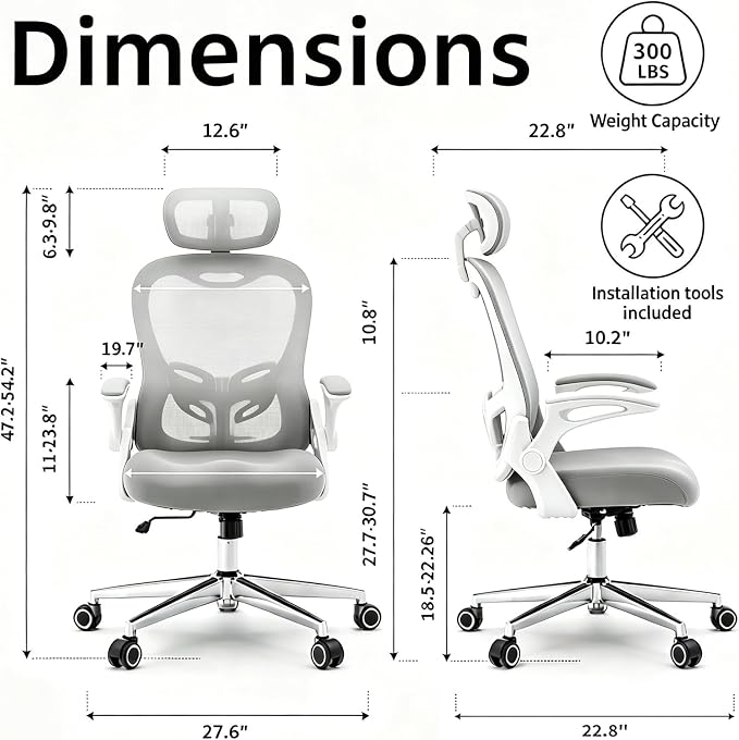 Office Chair, Ergonomic Breathable Mesh Chair,Flip-Up Arms and Adjustable High Back Lumbar Support,Comfy Computer Chair for Home Office (Grey, 407)