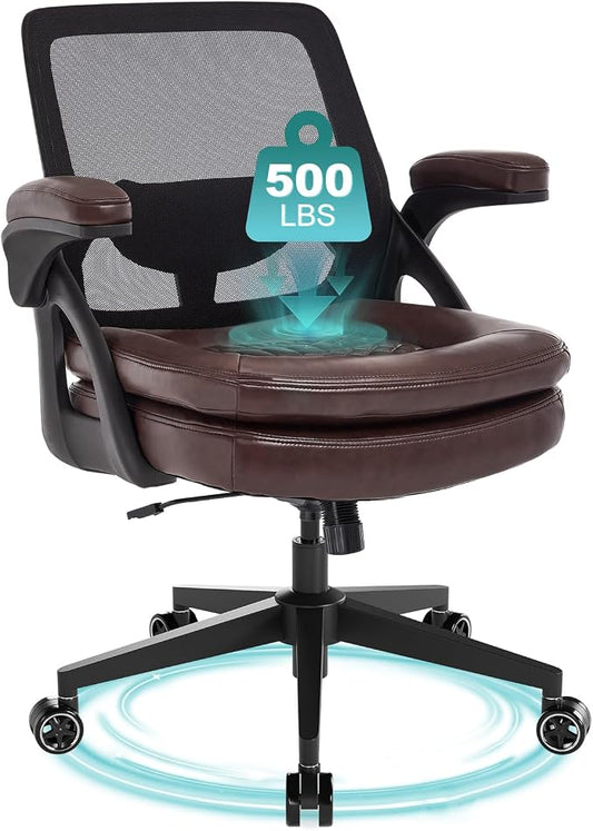 Big and Tall Office Chair, 500lbs Mesh Heavy Duty Ergonomic Desk Chair with Flip-up Armrests, Plus Size Wide Seat in PU Leather, 360 Swivel Computer Executive Task Chair for Home Office (Brown)