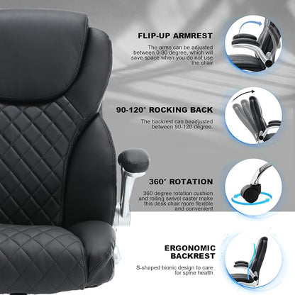 Big and Tall Office Chair 400lbs, High Back Ergonomic Desk Chair with Lumbar Support, Heavy Duty PU Leather Executive Computer Chair with Flip-up Arms, Rocking Swivel Task Chair for Home Office Black