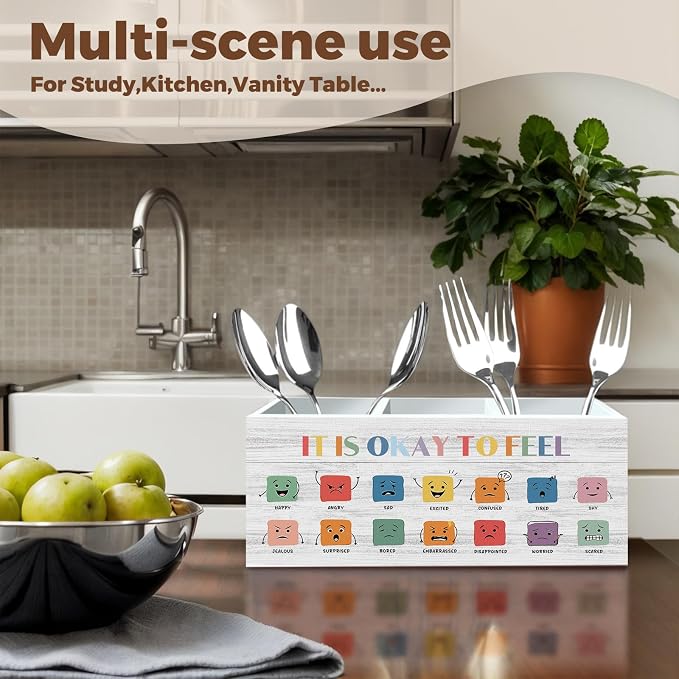 Emotions Chart Classroom Pencil Pen Holder for Desk Organizer, It Is Okay to Feel Decor, Feelings Chart Wooden Box Decorations for Kids School Counseling Office Classroom Desk Tabletop Decor