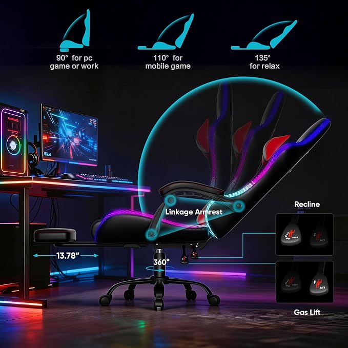 Czlolo Gaming Chair, 2026 Upgraded RGB LED Lights Computer Chair with Footrest, Lumbar Support Massager Gamer Chair, High Back, 90-135° Reclining, Linkage Armrests, Red