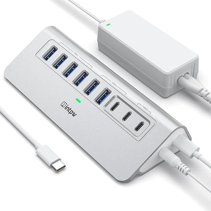 Powered USB Hub 10Gbps, intpw 9-Port USB 3.2 Hub, USB C Hub with USB A/USB C 3.2, 4 USB 3.0, 2 PD 45W Charging Ports, 65W Power Adapter and 3.3FT Cable, Aluminum USB Hub for PC,Laptop,iPhone 17/16/15