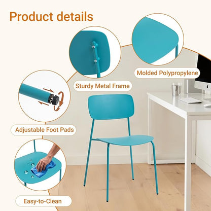 Sidanli Armless Stacking Chairs Set of 4, Office Waiting Room Chairs with Metal Legs and Ergonomic Plastic Seat, Metal Chairs Set of 4 for Conference Reception Dining Room, Blue