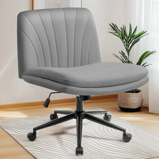 NEO CHAIR Criss Cross Chair with Wheels Armless Cross Legged Office Desk Wide Comfy Vanity Makeup Chair Adjustable Swivel Rolling Computer for Home Office PU Leather (Grey)