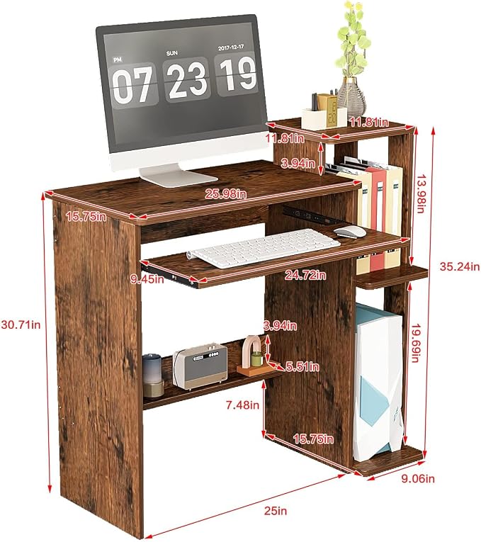 35" Compact Computer Desk with 3-Tier Storage Shelves & Keyboard Tray – Small Study Table for Bedroom or Home Office (Brown)