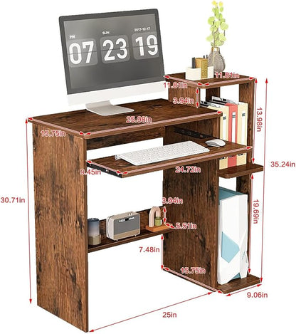 35" Compact Computer Desk with 3-Tier Storage Shelves & Keyboard Tray – Small Study Table for Bedroom or Home Office (Brown)