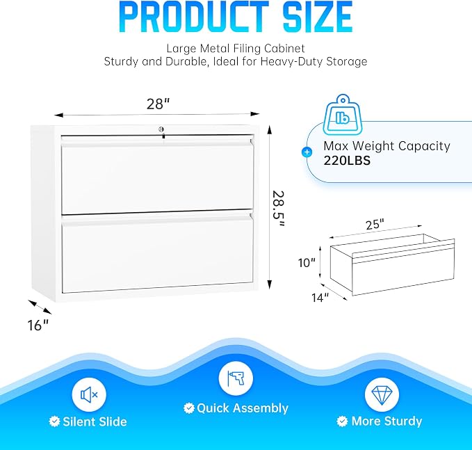 Greenvelly 2 Drawer File Cabinet, White Lateral File Cabinet with Lock, Filing Cabinet for Home Office, Lockable File Cabinets for Legal/Letter/A4/F4 Size with Hanging Files&Key