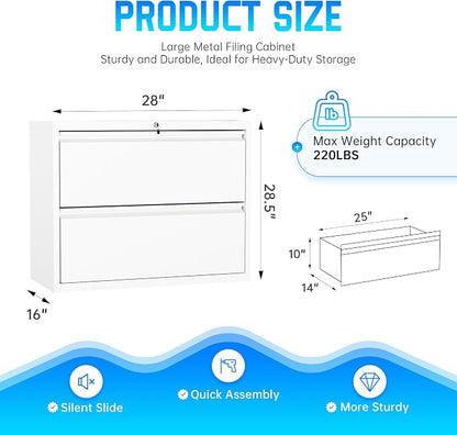 Greenvelly 2 Drawer File Cabinet, White Lateral File Cabinet with Lock, Filing Cabinet for Home Office, Lockable File Cabinets for Legal/Letter/A4/F4 Size with Hanging Files&Key