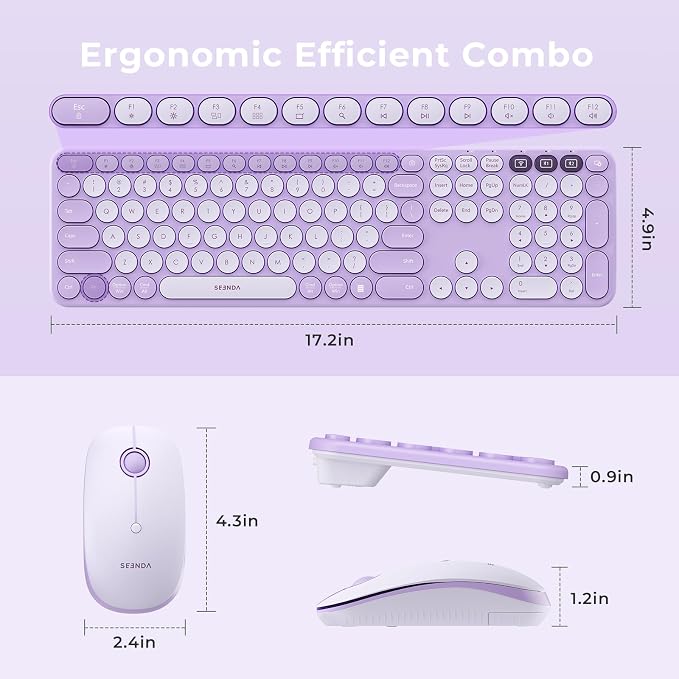 seenda COE202 Wireless Bluetooth Keyboard and Mouse Combo, Star Purple | USB & Dual Bluetooth for 3-Device Switching, Soft Quiet Round Keys, Silent Clicks, Full-Size for PC/Laptop/Mac/MacBook/iPad