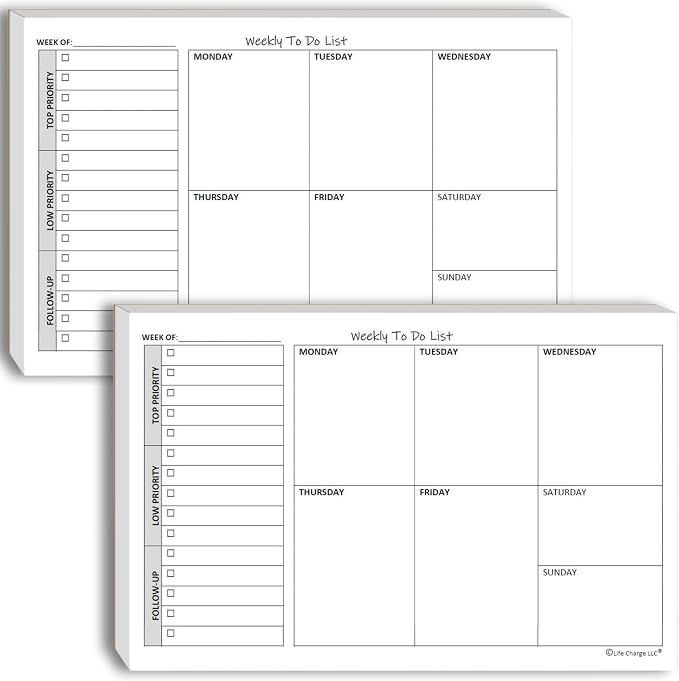 Life Charge Weekly TO DO List Notepads (2 Pack, 50 Pages Each) Task Pad Planner w/Daily Checklist, Priority ToDo & Note Sections. Desk Notebook Pad to Organize Office. 8.5 X 5.5, A5 Sheets.