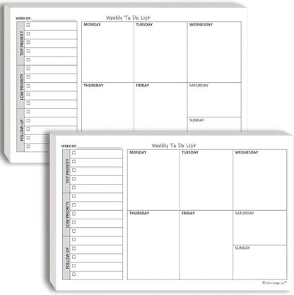 Life Charge Weekly TO DO List Notepads (2 Pack, 50 Pages Each) Task Pad Planner w/Daily Checklist, Priority ToDo & Note Sections. Desk Notebook Pad to Organize Office. 8.5 X 5.5, A5 Sheets.