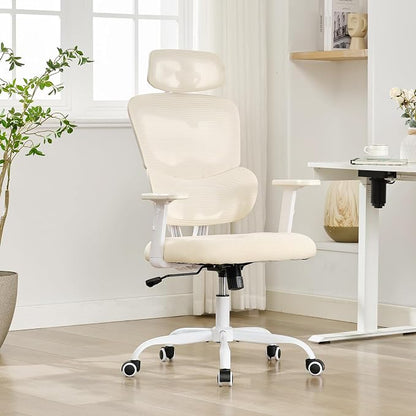 Ergonomic Office Chair,Home Mesh Office Desk Chairs,High Back Office Chair 330 LBS,Swivel Computer Chair with 2D Armrest,Adjustable Headrest,Lumbar Support,Rocking Function (Beige)
