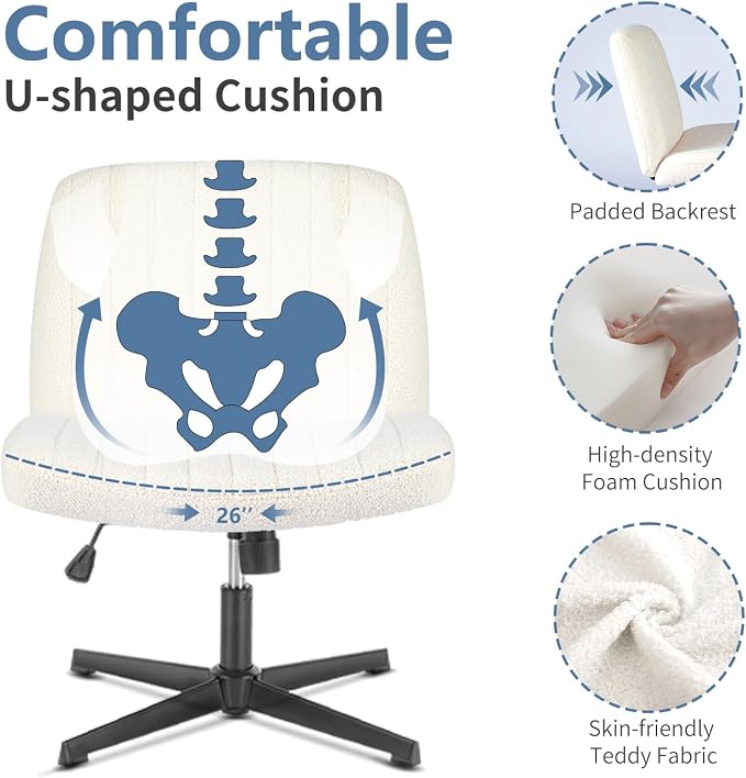 DUMOS Criss Cross Chair No Wheels, Cross Legged Office Desk Armless Vanity Chair Wide Seat, Height Adjustable Swivel Task Computer Chairs for Home Bedroom, Beige Teddy