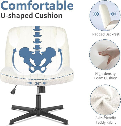 DUMOS Criss Cross Chair No Wheels, Cross Legged Office Desk Armless Vanity Chair Wide Seat, Height Adjustable Swivel Task Computer Chairs for Home Bedroom, Beige Teddy