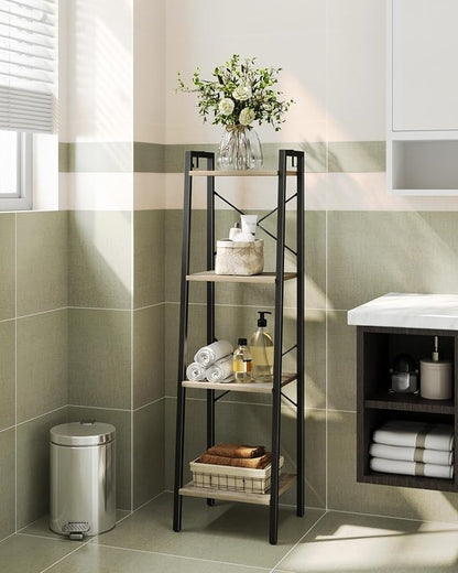 Hzuaneri Ladder Shelf, Bookshelf Bookcase, Freestanding Corner Storage Shelve with 2 Hooks for Home Office, Living Room, Kitchen, Bedroom, Industrial, 11.8" D x 13.4" W x 47.2" H, Greige BC13205B