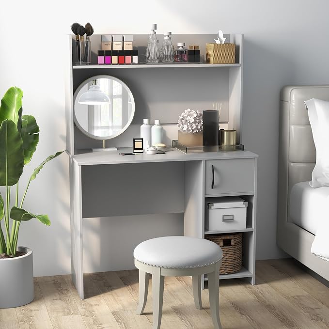 Giantex Computer Desk with Hutch, Home Office Desk with Storage Cabinet & Adjustable Shelf, 2 Cable Holes, Modern Laptop PC Desk Computer Workstation for Working, Study Writing Desk for Bedroom, Gray