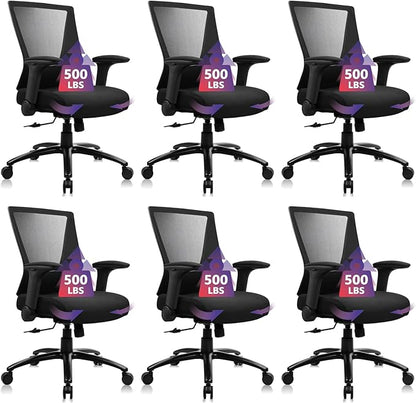 CLATINA Big and Tall Office Chair Heavy Duty Ergonomic Desk Chair 500lbs with Flip-up Arms & Wide Thick Seat Cushion Home Executive Swivel Mesh Chair for Study, Conference, Black, 6 PK