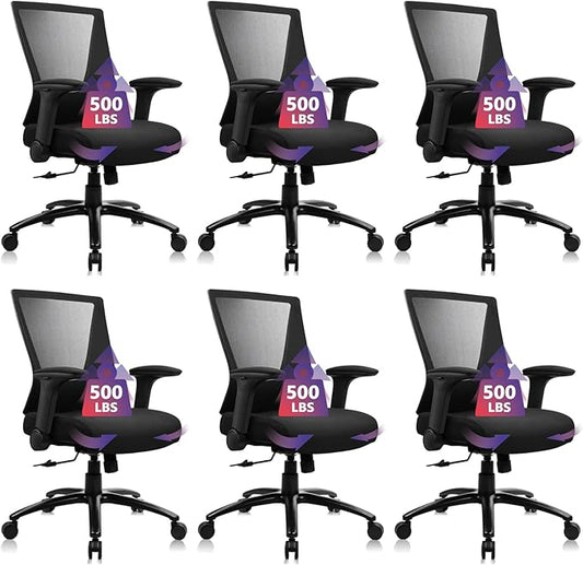 CLATINA Big and Tall Office Chair Heavy Duty Ergonomic Desk Chair 500lbs with Flip-up Arms & Wide Thick Seat Cushion Home Executive Swivel Mesh Chair for Study, Conference, Black, 6 PK