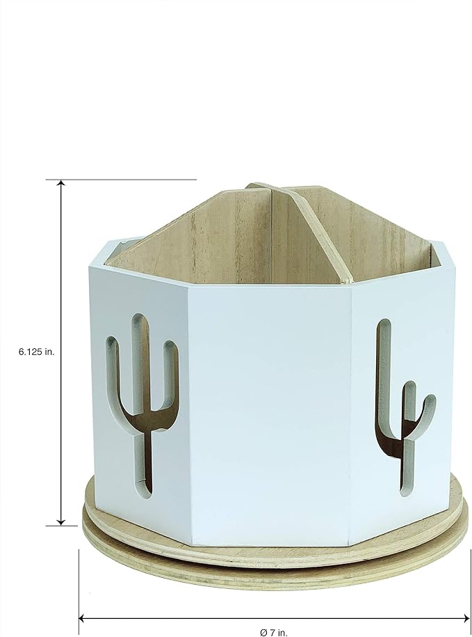 Spinning Desktop Stationary Organizer – Decorative Wooden Rotating Pen and Pencil Cup – Desk and Table Top Office Supplies Station - by Designstyles (White with Cactus Cutout)