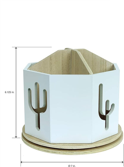 Spinning Desktop Stationary Organizer – Decorative Wooden Rotating Pen and Pencil Cup – Desk and Table Top Office Supplies Station - by Designstyles (White with Cactus Cutout)