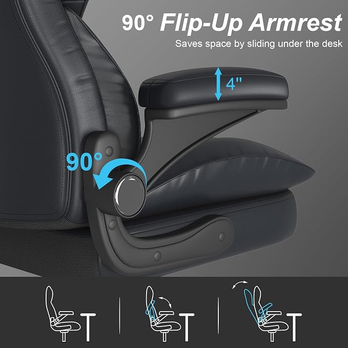 Office Chair, Home Desk Chair, Ergonomic Computer Chair with Lumbar Support, Executive Leather Chair with Flip-Up Armrests, Big and Tall Swivel Rolling Chair, PU Leather, Black