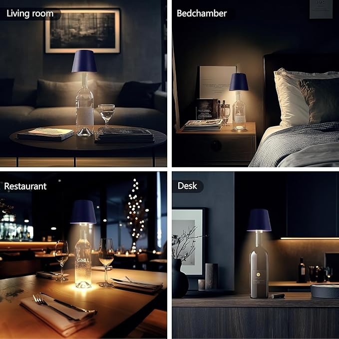 2 Pack Wireless Bottle Lamp,Rechargeable LED Wine Bottle Lamp Shade with Touch Dimming,3 Color Temperatures, Cordless Bottle Lights for Liquor Bottles,Bar, Restaurant,Bedroom Decor (Dark Blue,2pcs)
