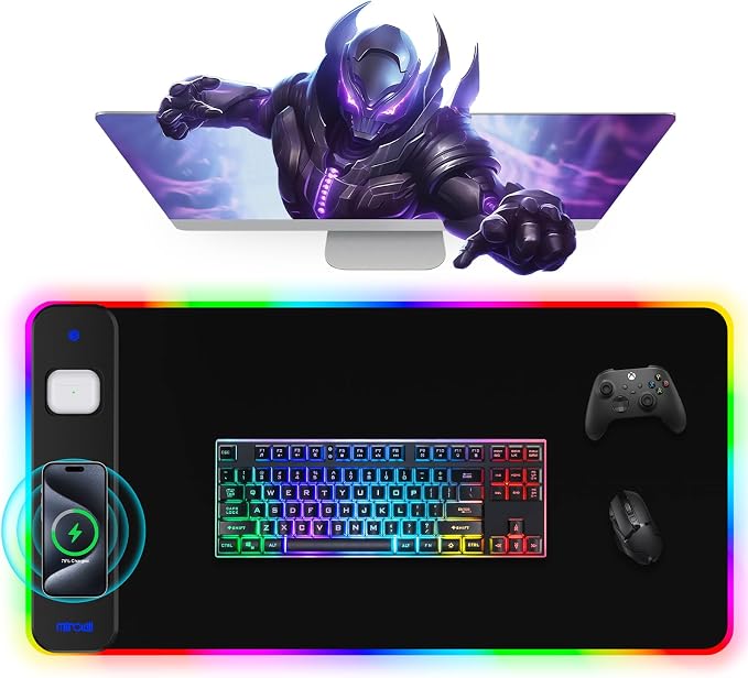 Magnetic Charging Mouse Pad 31.5x15.75, 15W Fast Wireless Charging Desk Mat, XXL Desk Pad RGB Gaming Mousepad, Home Office Large Keyboard Pad with Ultra-Smooth Surface, Non-Slip Base