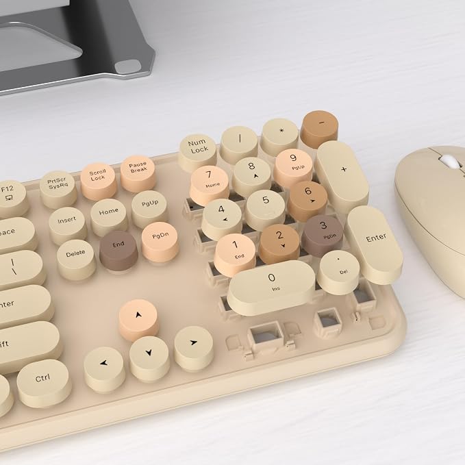 UBOTIE Colorful Wireless Keyboard and Mouse Combos, Retro Typewriter Floating Flexible Full-Sized Keys Computer Keyboard with Optical Mouse, 2.4GHz USB Connection for Windows Mac (Milk Tea -Colorful)