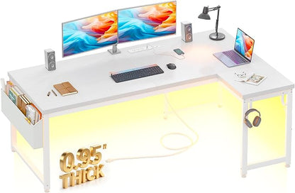 DurayLoly 63" L Shaped Desk for 2 Monitors or 2 laptops,Computer Desk with Power Outlet and LED Lights, 0.95" Thicker Desktop & Metal Frame for Study,Gaming Desk for Bedroom,Home Office,Brown