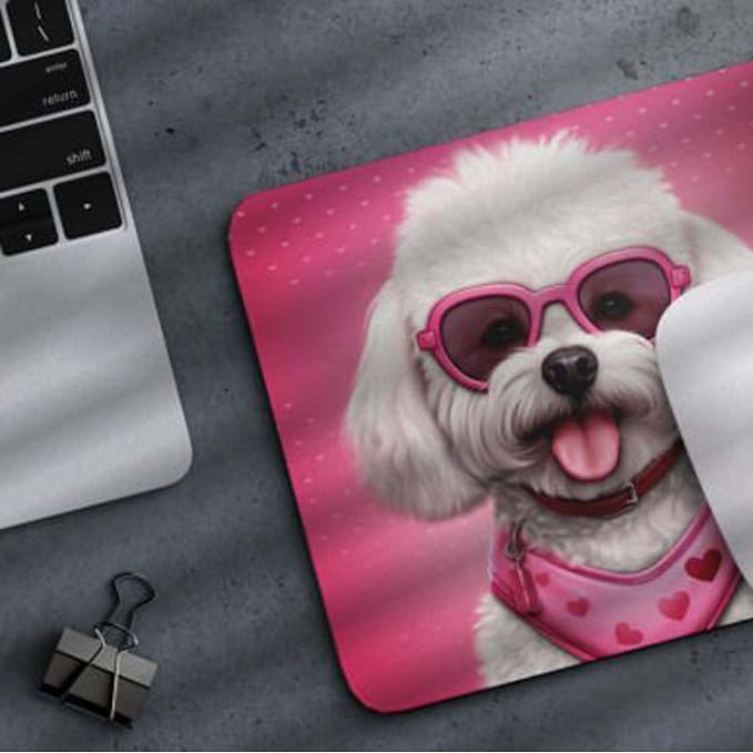 Pink Mousepad Glamour Dog Bichon Frise Mouse Pad for Home Office Gaming Working Desk Computer Desktop Accessories Non-Slip Rubber Mousepad for Dog Lovers