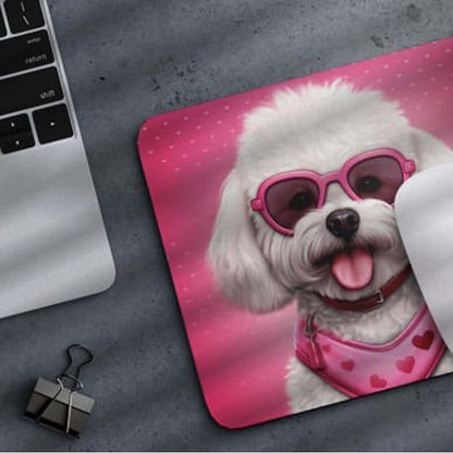 Pink Mousepad Glamour Dog Bichon Frise Mouse Pad for Home Office Gaming Working Desk Computer Desktop Accessories Non-Slip Rubber Mousepad for Dog Lovers