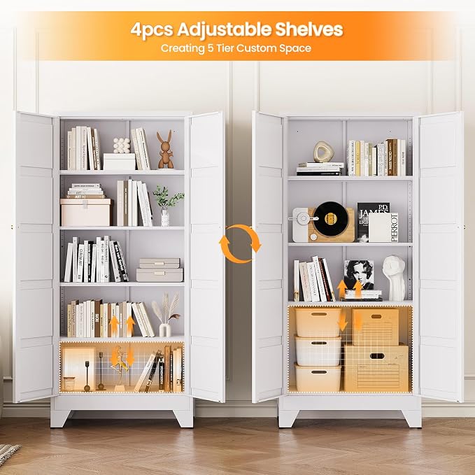 72" Tall Kitchen Cabinet Storage Unit With 2 Doors and 4 Adjustable Shelves, Metal White Freestanding Cupboard, 5 Tier Kitchen Pantry Storage Cabinet for Kitchen Dining/Living Room/Garage/Home/Office