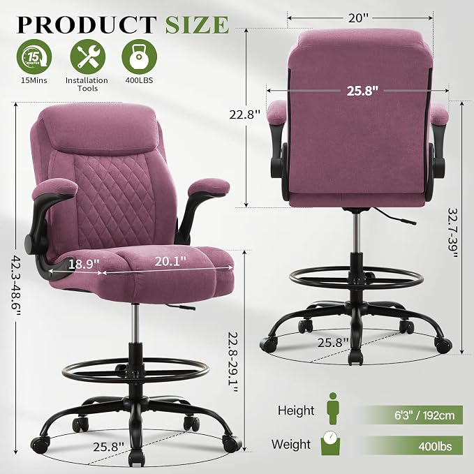 Drafting Chair Tall Office Chair for Standing Desk, Ergonomic Tall Desk Chair with Adjustable Foot Ring, Flip-Up Armrests, Lumbar Support, Comfortable Fabric Seat – Ideal for Home and Office Use