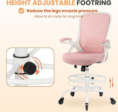 HYLONE Drafting Chair Tall Office, Ergonomic Standing Desk Stool Adjustable Big and Tall Drafting Office Chair with Flip-Up Armrests, Mesh, Pink