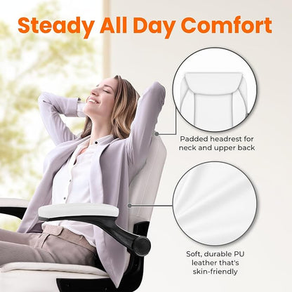 NEO CHAIR Desk Office Gaming Computer Chair Ergonomic Executive Mid-Back Leather with Adjustable Padded Flip-Up Armrests Cushion Wheels Swivel for Home Study Task (White)